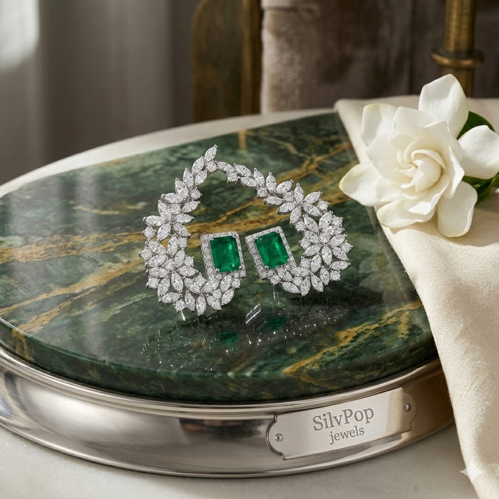 Emerald Halo Crescent Earrings