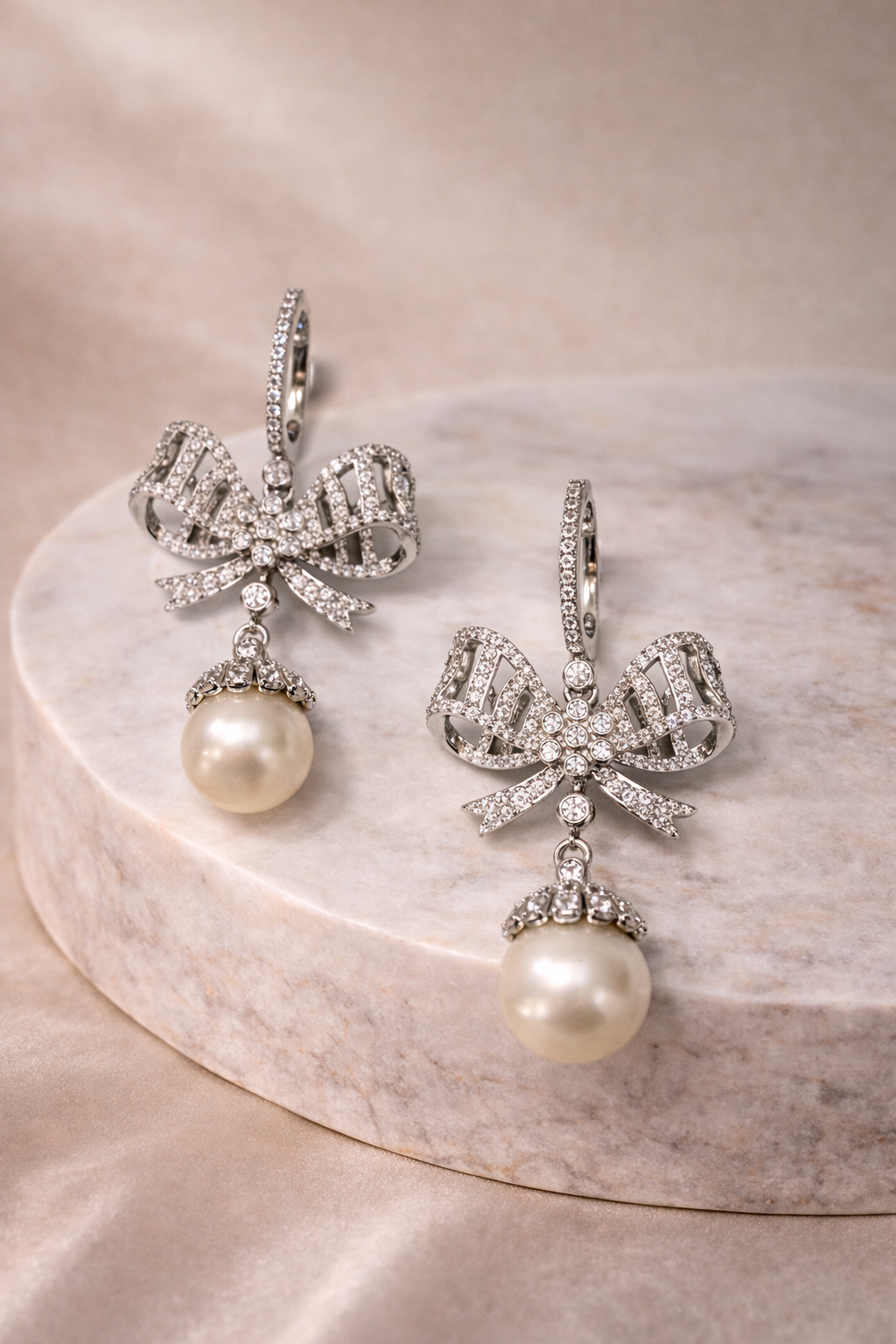 Pearl Bow Crystal Drop Earrings