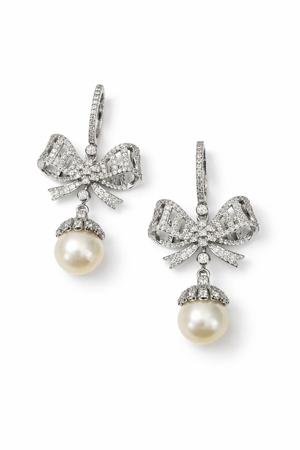 Pearl Bow Crystal Drop Earrings - alternate view